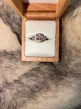 Elegant Pink Halo Ring with Clear Accents sterling silver